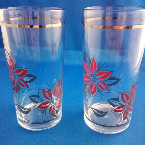 2 Vintage mid century Bormioli glasses red and gold flowers poinsettias - Picture 1 of 9